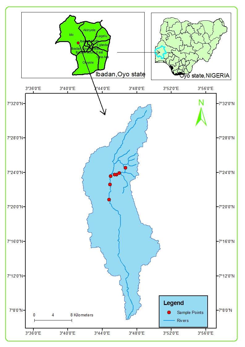 Figure 1 Map of part of Ibadan showing Sampling Stations on River Omi 2.