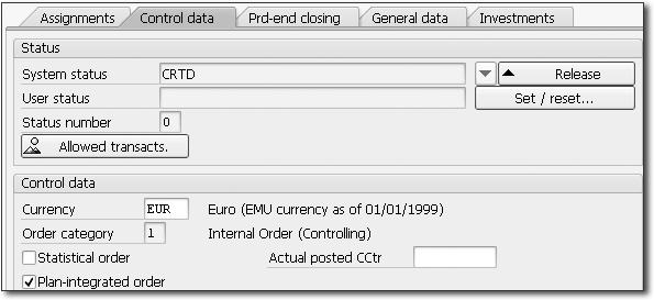 Tip 12 Using Related Internal Order Integrated Planning Checkboxes ð Figure 4 Internal Order Control Data Tab You can deselect the Plan-integrated order checkbox shown in Figure 4, even though it s