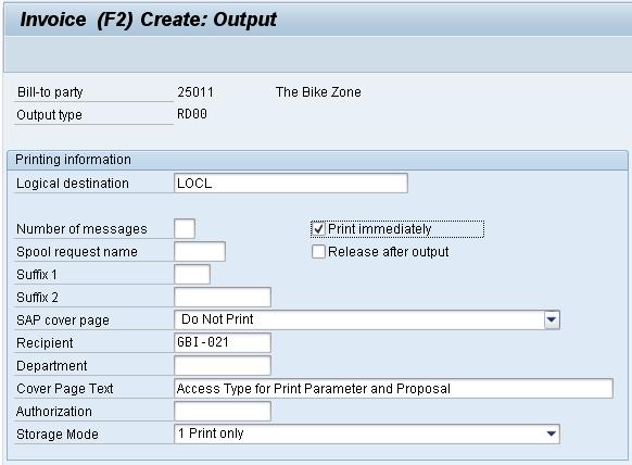 Enter RD00 (Invoice) for Output and select Print output for Medium, then click on