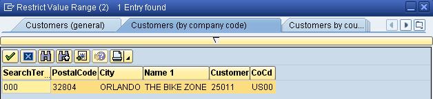 After entering ### and Orlando on the Customers (by company code) tab, click on the enter icon and you will get the following