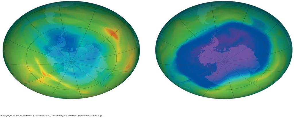 Depletion of Atmospheric Ozone Scientists first described an ozone hole over Antarctica in 1985; it has increased in size as ozone depletion has increased (a) September 1979 (b)