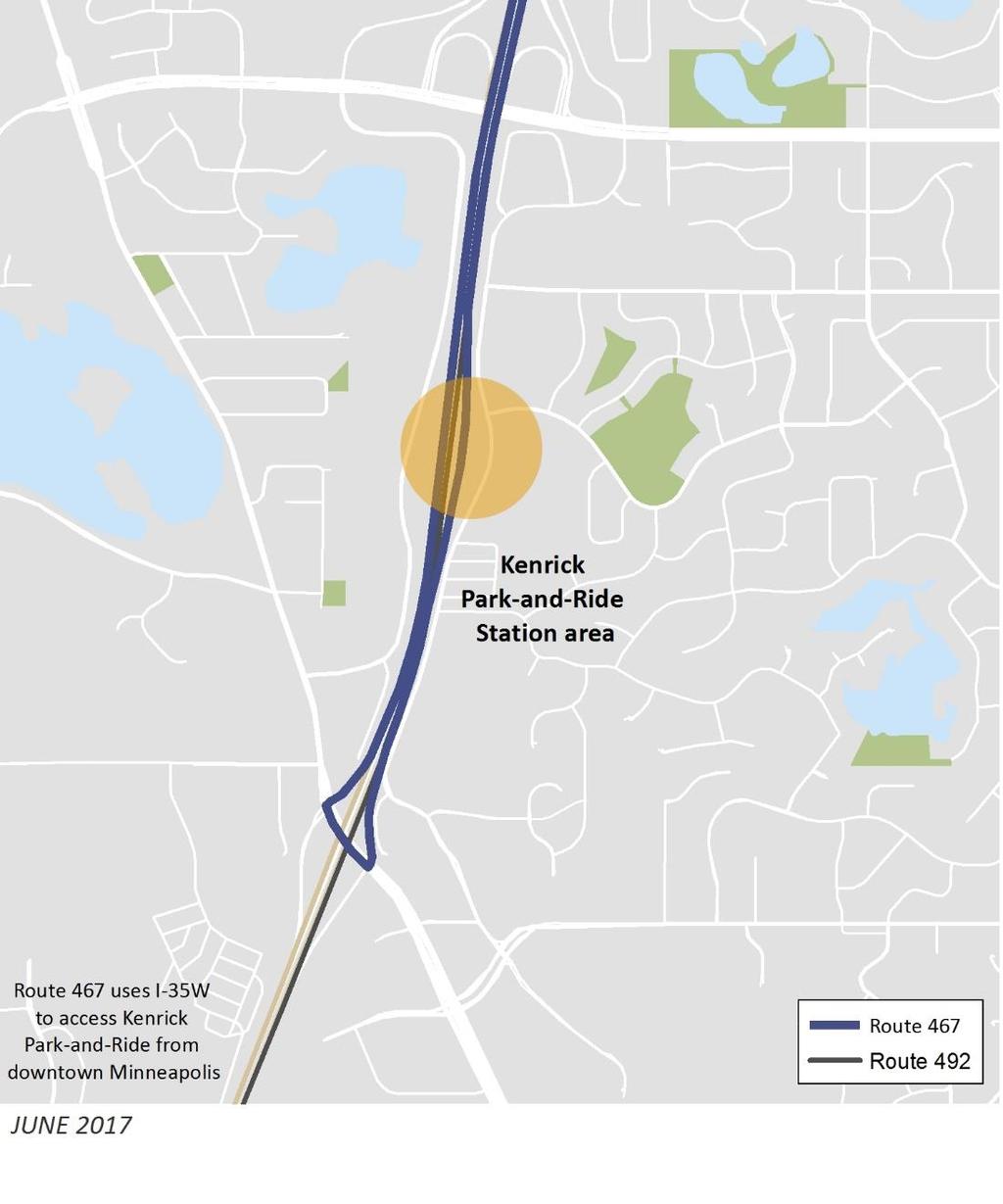 Kenrick Park & Ride Station Area Existing Transit Routes The southbound express Route 467 exits I-35W at Kenwood Trail, re-enters the freeway northbound, and drops passengers off at the transit-only