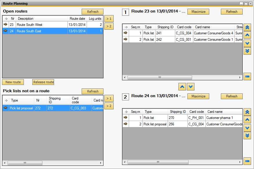 2.2.4. Routes The Routes tab in the Produmex menu groups a number of functions related to the planning and execution of delivery routes. This allows to define route templates, i.e. standard routes that are defined for a specific group of customers on specific days.