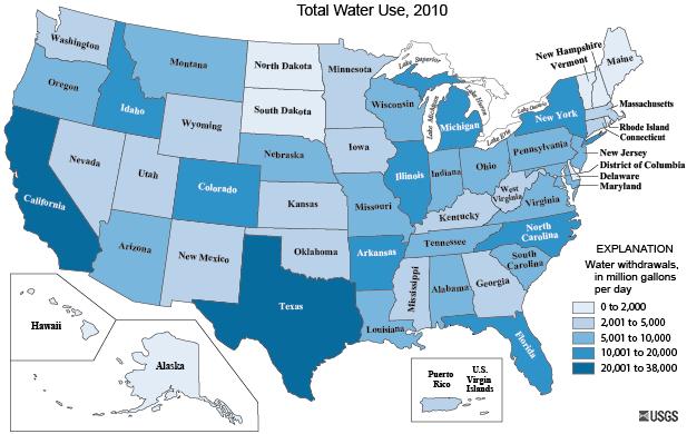 Slide 55 / 144 Water Use: USA This map shows water usage in the United