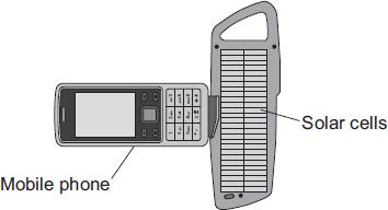 Q13. The diagram shows a solar powered device being used to recharge a mobile phone. On average, the solar cells produce 0.6 joules of electrical energy each second.