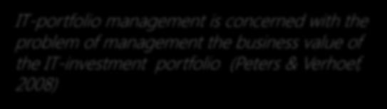 IT-portfolio management is concerned with the problem of management the business value of the IT-investment portfolio (Peters & Verhoef, 2008) [.