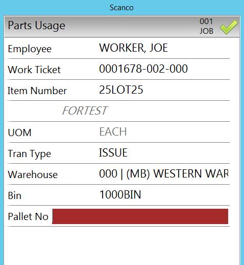 Optional If you have Multi-Bin installed, you may be prompted to choose a pallet. Pallet. Scan or look up a pallet number.