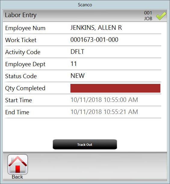 Scan or look up a different activity code. Employee Department. Scan or look up a different employee department code 5 Qty Completed. Enter the number of items completed. Tap Track Out.