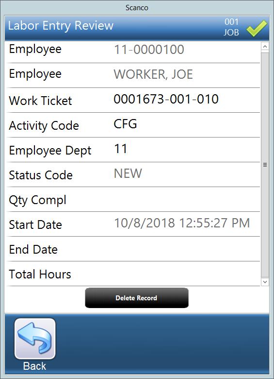 3 In the Labor Entry Review screen, tap Delete Record.