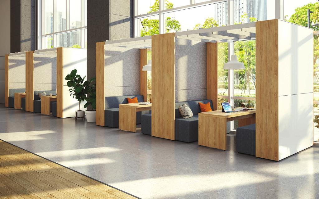 Acoustic Furniture Downtown lounge furniture can be used inside the pavilions. Acoustic comfort is built into Axel s design.