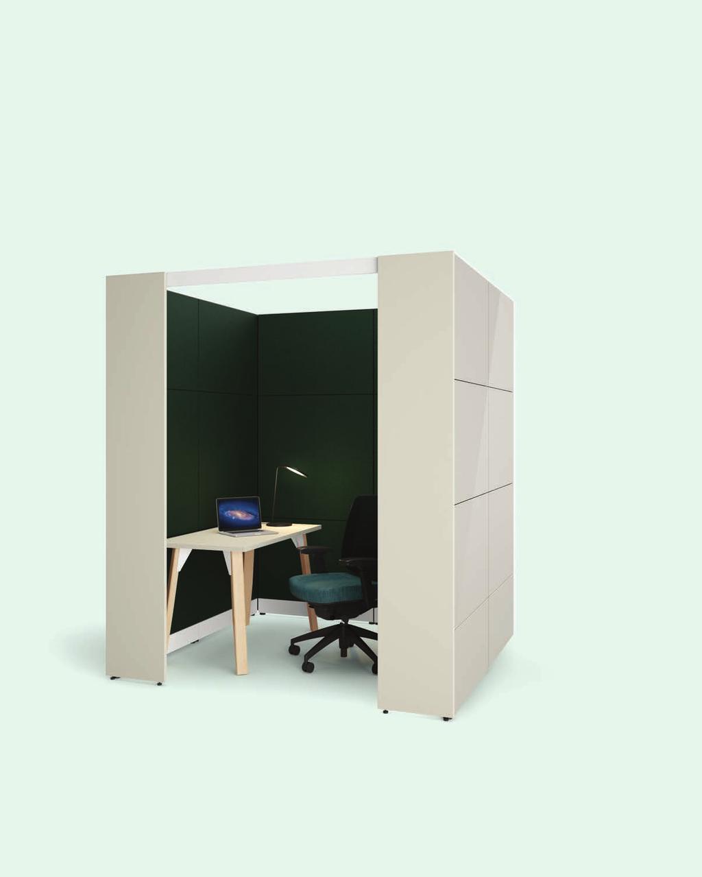 Axel semi-enclosed pavilion office for individual work Willow Grey laminate, Sand acrylic, Polar White enamel finish and Forest Grade A fabric.