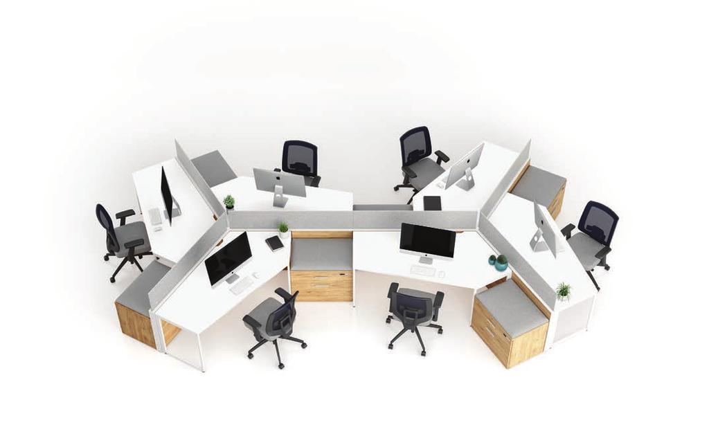 Optimize space Axel 120-degree workstations Ginger Root and White laminate, Fog felt and Polar White