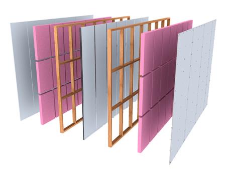 Galvanised steel-sheathed panels filled with lightweight concrete form a barrier between double timber frame walls, 1 layer GIB plasterboard either side.