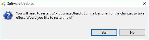 Figure 3.6: Software Updates 16. After a short period, you will be asked to restart SAP BusinessObjects Lumira Designer (see Figure 3.6). 17. Click No and close SAP BusinessObjects Lumira Designer.