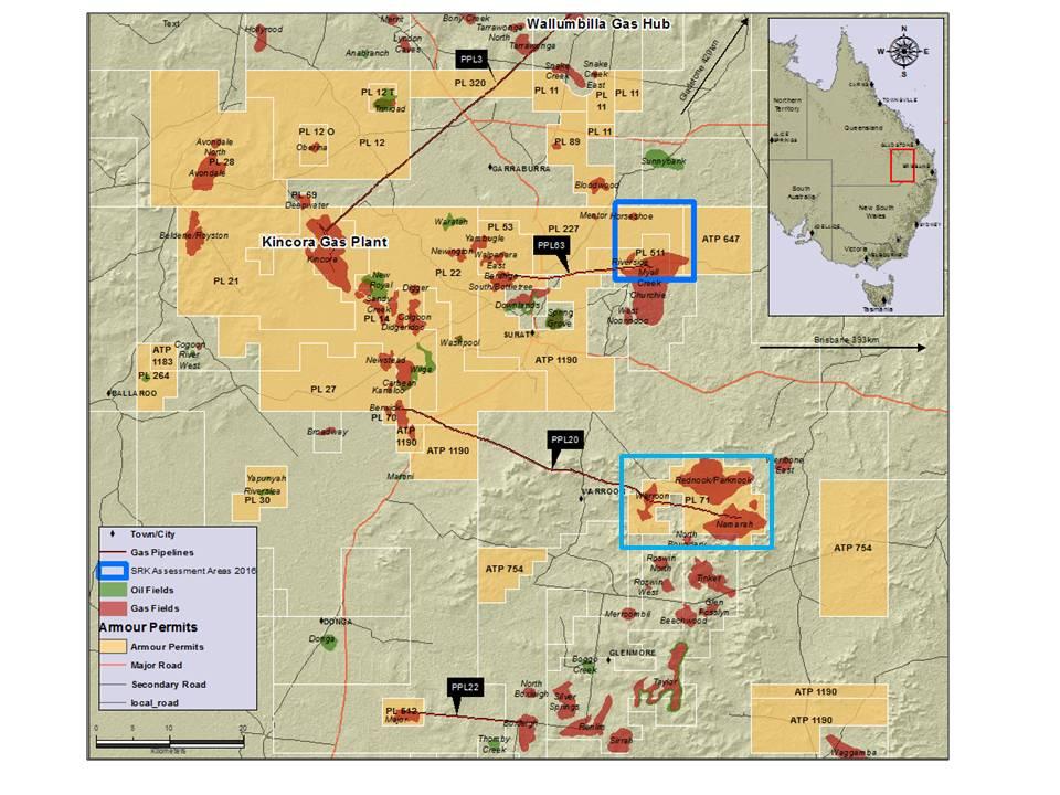 Figure 1 Upper Tinowon & Wallabella Sandstone Contingent Gas Resource Area, Armour Energy operated 100% WI PL 511 & PL 227;