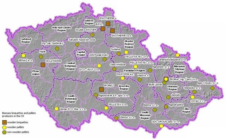 Figure 1: Location of major producers of briquettes and pellets in the Czech Republic (Source: ACCESS D13- Maps and databases on the biomass potential) The quality of pellets produced in the Czech