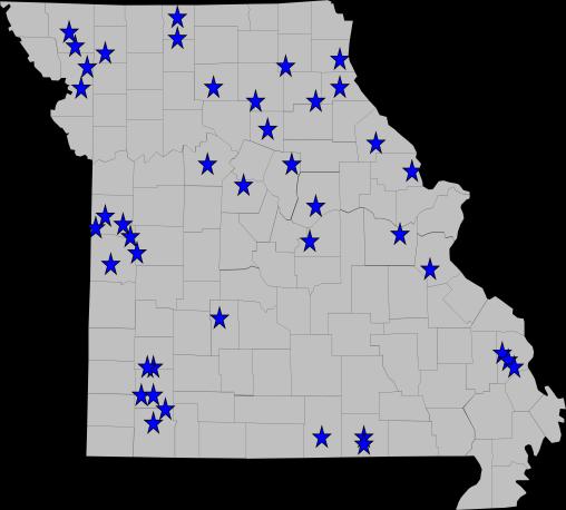 Figure 16. Locations of on-farm field demonstrations in Missouri.