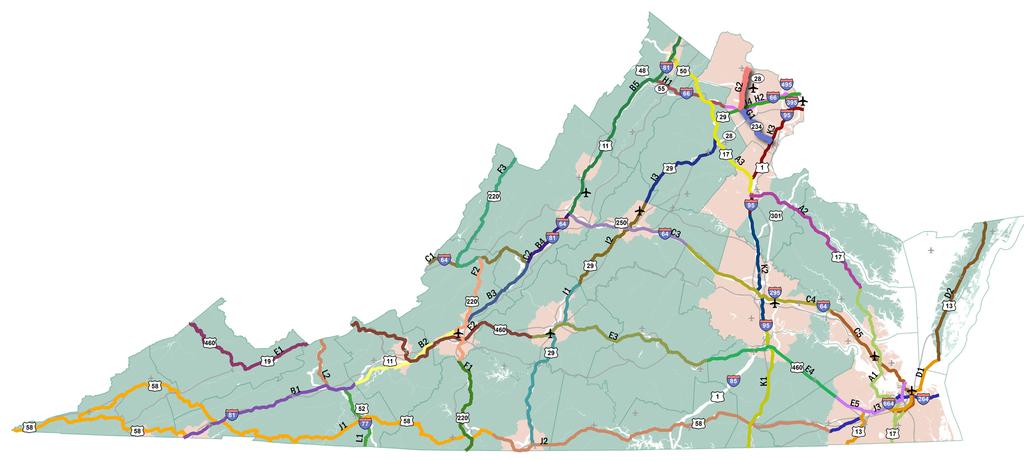 I. Corridor Overview Corridors of Statewide Significance A Coastal Corridor (U.S. 17) B Crescent Corridor (I-81) C East-West Corridor (I-64) D North-South Corridor (U.S. 13) E Heartland Corridor (U.S. 460) F North Carolina to West Virginia Corridor (U.