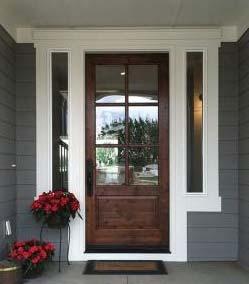 Wood front door with clear glazing, wide trim, and traditional hardware. 7. Porches Front door with reflective glazing and minimal trim.