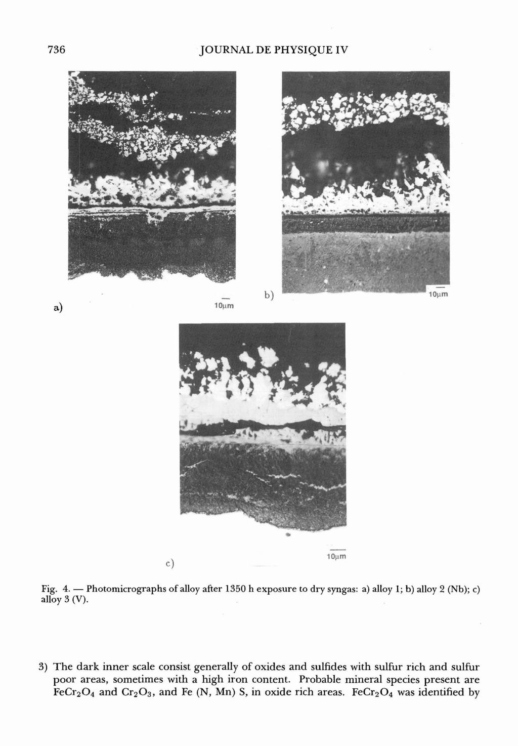 736 JOURNAL DE PHYSIQUE IV Fig. 4. - Photomicrographs of alloy after 1350 h exposure to dry syngas: a) alloy 1; b) alloy 2 (Nb); c) alloy 3 (V).