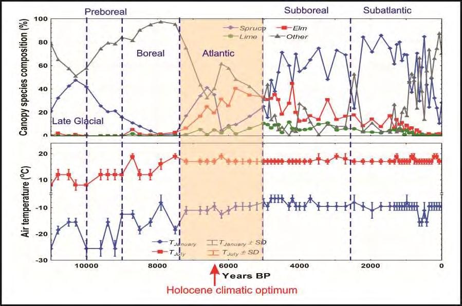 Reconstructed canopy species composition and temperatures in the Holocene Optimum of the Ноlосеnе is