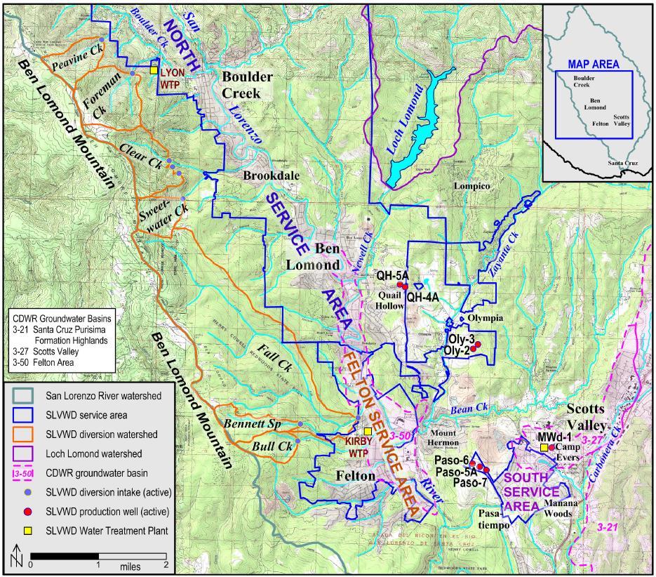 6. System Supplies The District s eight active groundwater wells draw from the Santa Margarita and Lompico sandstone aquifers east of the San Lorenzo River between Ben Lomond and Scotts Valley.