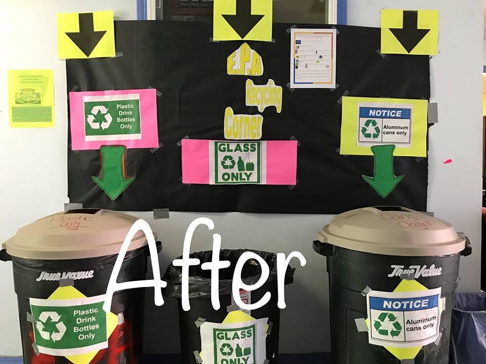 We have garbage cans set up for plastics, aluminum and glass as well as boxes for batteries, printer ink and cell phones. several reasons exist as to why we should promote recycling.