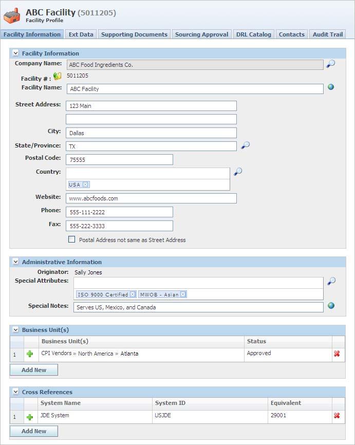 Creating a Facility Profile Figure 2 14 Facility Profile page The facility profile page consists of several tabs across the top of the page: Facility Information Tab Ext