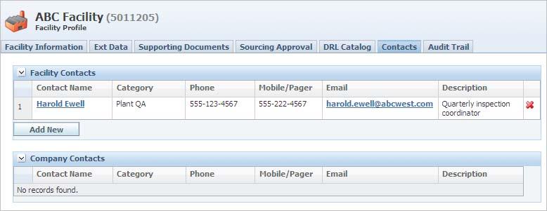 Creating a Facility Profile Contacts Tab Use the Contacts tab, shown in Figure 2 19, to view contacts for the facility and parent company.