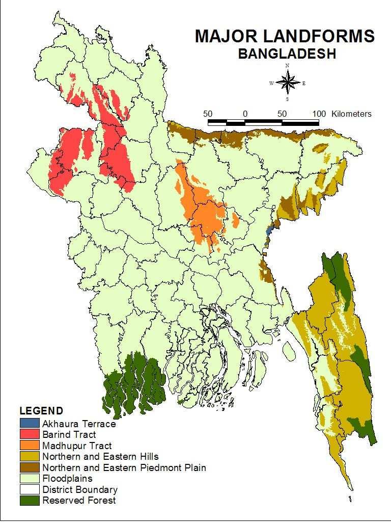 Floodplains and piedmont plains occupy almost 80% of the land area Slightly