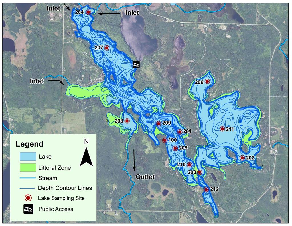 Lake Map Figure 1. Map of Turtle Lake with 21 aerial imagery and illustrations of lake depth contour lines, sample site locations, inlets and outlets, and public access points.