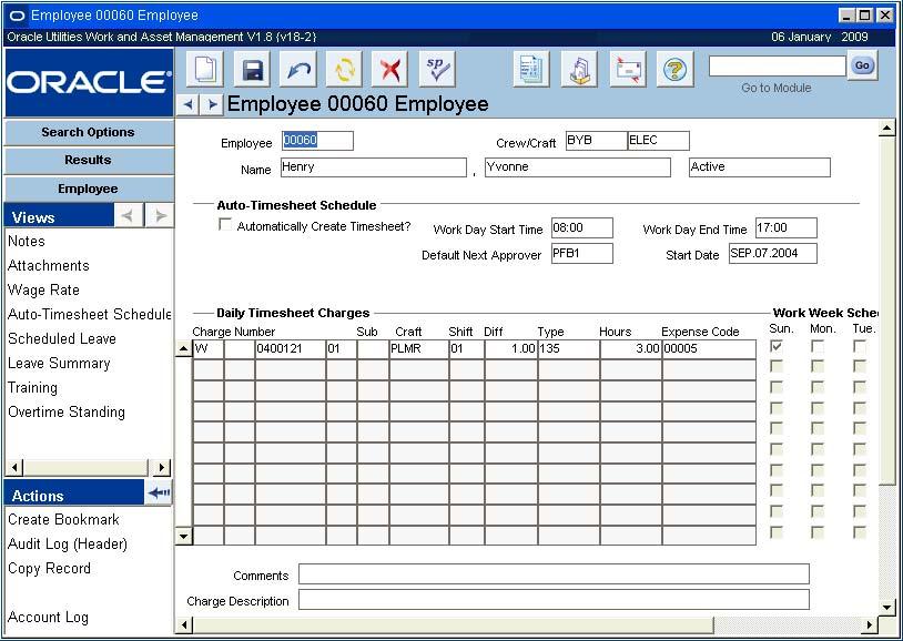 Employee Views Auto-Timesheet Schedule view The upper section of the Auto Timesheet Schedule view contains basic information from the main record identifying the employee, crew and craft.