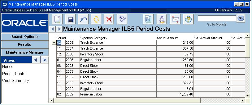 Maintenance Manager Views Maintenance Manager Views The module includes the following views: Period Costs The Period Costs view shows costs which have posted to processes or assets referencing the