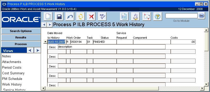 order. Select Service History from the Views list to access the work order service history information.