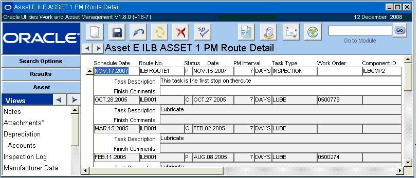 Scheduled PM route stops referencing the Asset ID are listed on the Asset PM Route view.