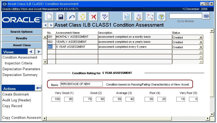 Asset Class Views Asset Class Views In addition to any standard views, the module includes the following: Condition Assessment You can enter one or many condition assessments for one asset class.