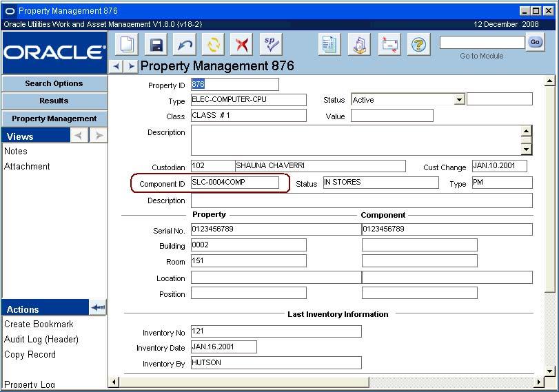 Component Tracking Log The Property Management Window Upload Specifications After you upload trackable stock items as part of the receiving process, the system prompts you to also upload