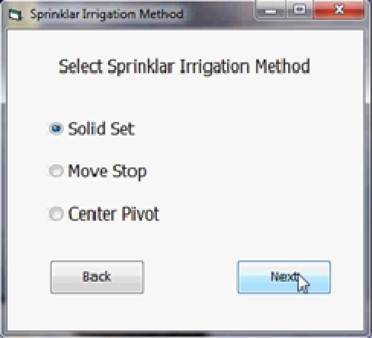 Fig (5): selecting sprinkler irrigation method In the runs the program is trying many application rates starting from Ar min up to AR max then select the sprinkler and lateral spacing (Keller and