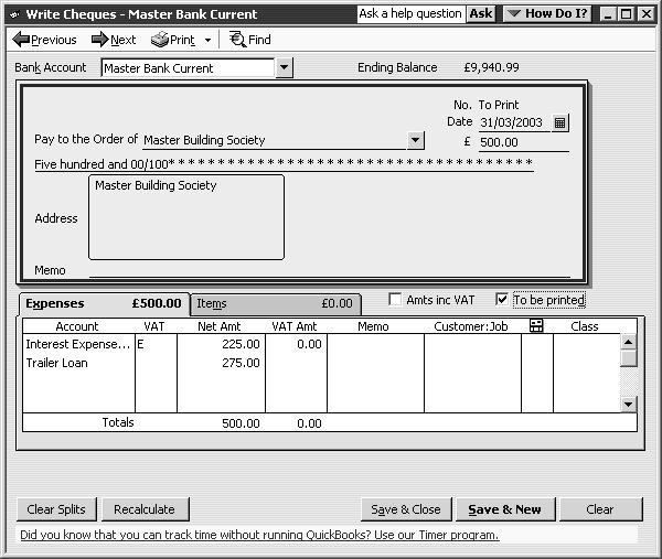 Using other accounts in QuickBooks Recording a payment on a loan When it's time to make a payment on a loan, use the Write Cheques window to record a cheque to your lender.