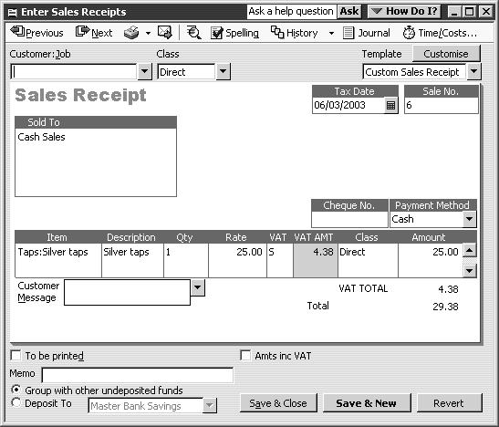 Entering sales and invoices For payment at the time of sale If you receive payment at the time you make a sale either by cash, cheque, or credit card you fill in a cash sales receipt instead of an