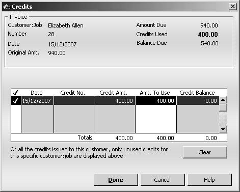 00. 3 Highlight (don t tick) the invoice for 940.00 that you just created: 4 Click the Set Credits button to display the Credits window.