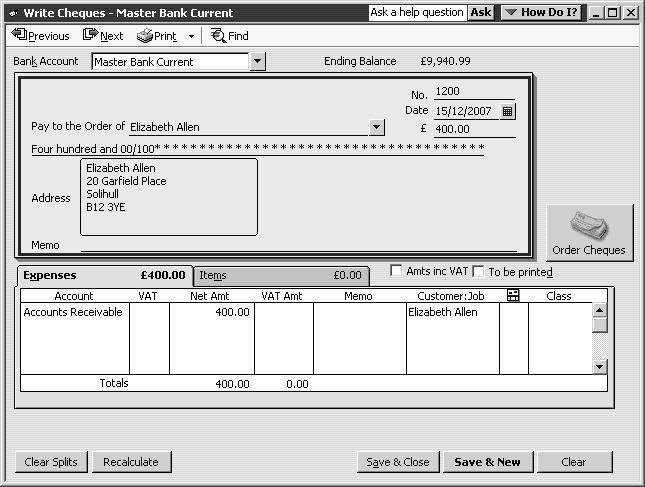QuickBooks displays the Write Cheques window with the full amount of the credit ( 940.00) already filled in.
