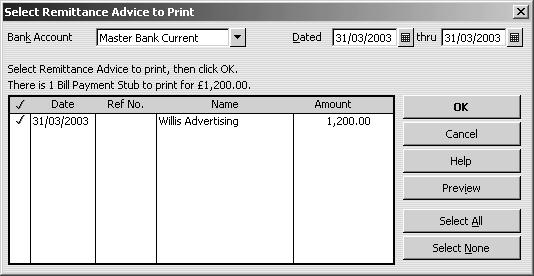 To print a remittance advice: 1 From the File menu, choose Print Forms, then choose Remittance Advice. 2 Change the dates from 31/03/2003 to 31/03/2003.