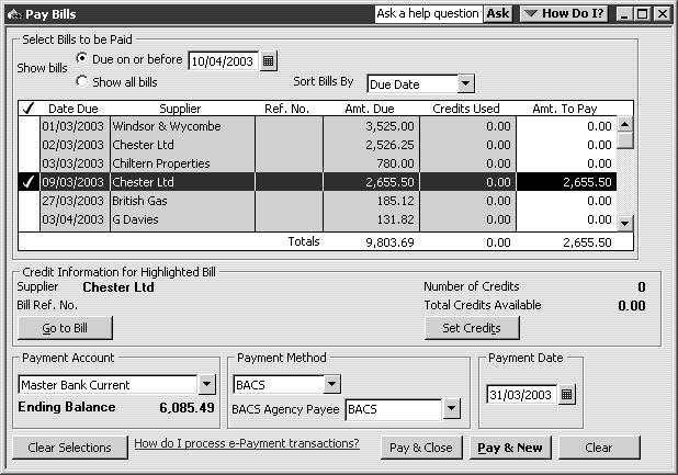 2 Select the Chester Ltd bill dated 09/03/2003 for 2655.50. Note: You could select more than one bill and pay them in a batch.