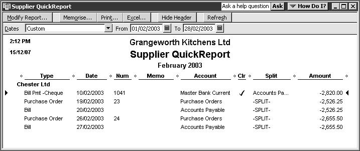 Analysing financial data To see what you owe a supplier: 1 From the Lists menu, choose Supplier List. QuickBooks displays the Supplier list. 2 Highlight Chester Ltd.