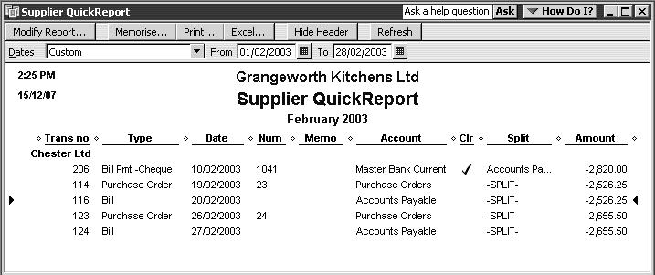 3 Click OK to display the customised Supplier QuickReport: Notice that the bill dated 20/02/2003 is now listed as transaction 116. Next, you ll move the Trans no.