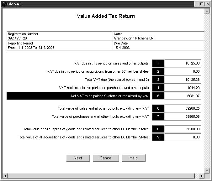 L E S S O N 1 1 5 Click Next. QuickBooks displays the Value Added Tax Return report: 6 Click Next. An information message is displayed. 7 Click OK. QuickBooks redisplays the File VAT window.