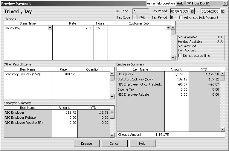 Doing payroll 12 Click Create. QuickBooks displays the Preview Payment window for the next employee in the batch, in this case Lynda J Hamilton.