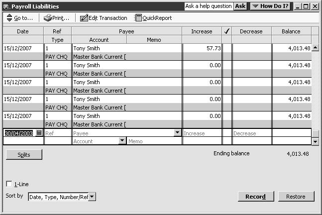 QuickBooks displays the account register, showing a separate transaction for each