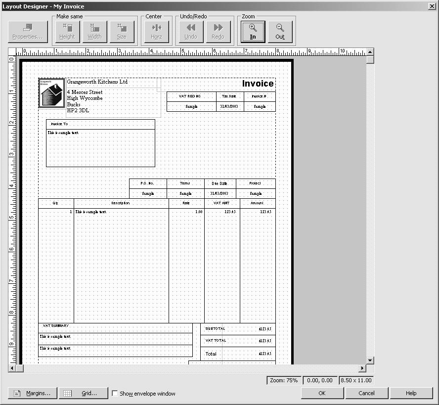 L E S S O N 1 3 QuickBooks displays the Customise Invoice window that you used before. Next, you ll use the Layout Designer to change the design of the form. 4 Click Layout Designer.